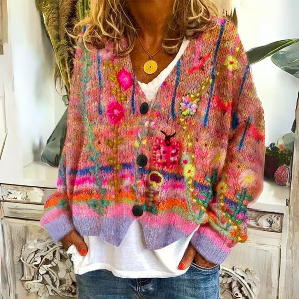 Women's Floral Embroidered Knit Cardigan Button-Front Oversized Sweater Boho Casual - Lolly 