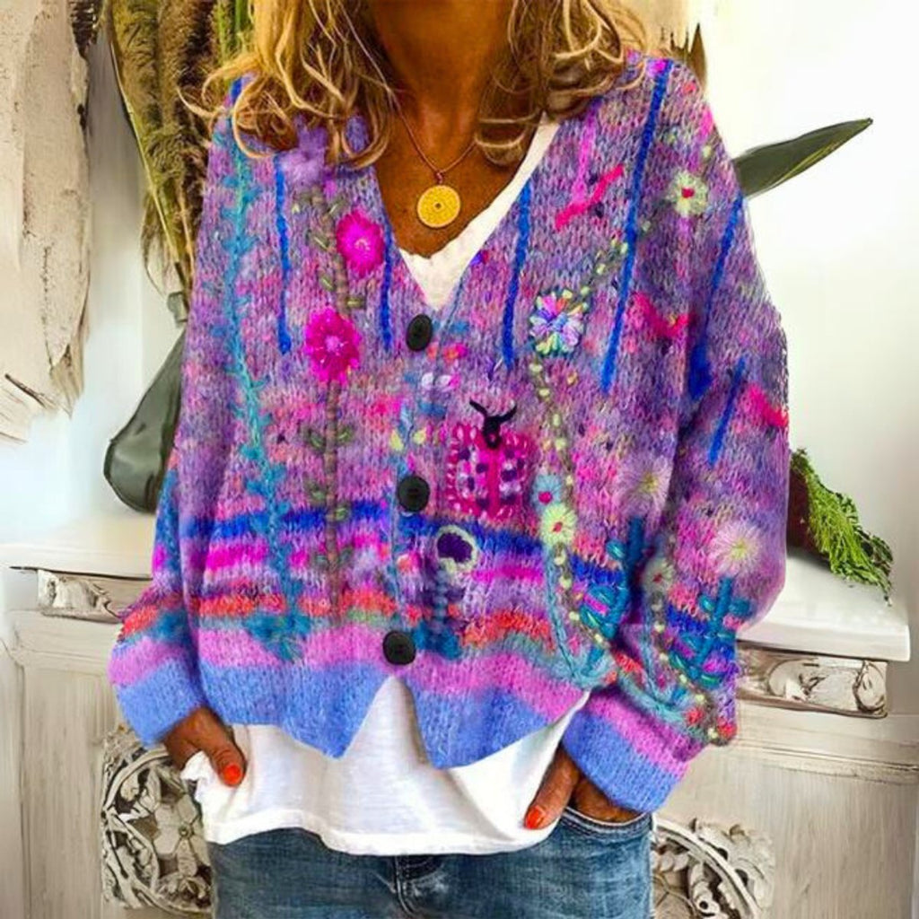 Women's Floral Embroidered Knit Cardigan Button-Front Oversized Sweater Boho Casual - Lolly 