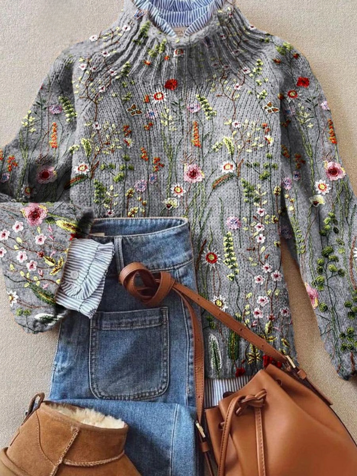 Women's Floral Embroidered Knit Sweater Turtleneck Relaxed Fit Casual Winter Pullover - Lolly 