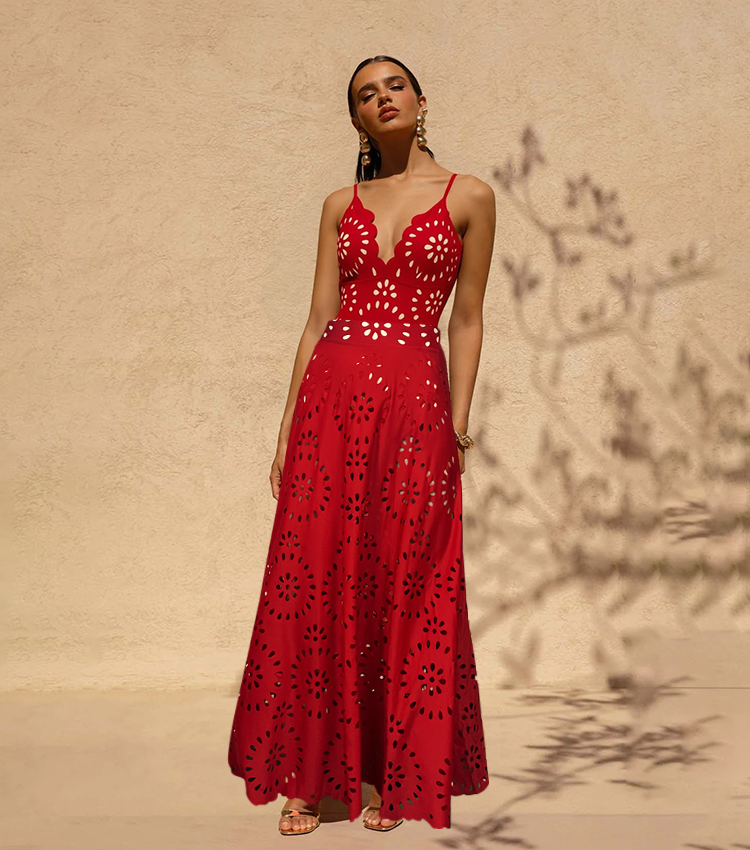 Women's Floral Hollow-Out One-Piece Swimsuit & Long Skirt Set V-Neck Beach Vacation Pool Party Summer Resort – Red - Lolly 