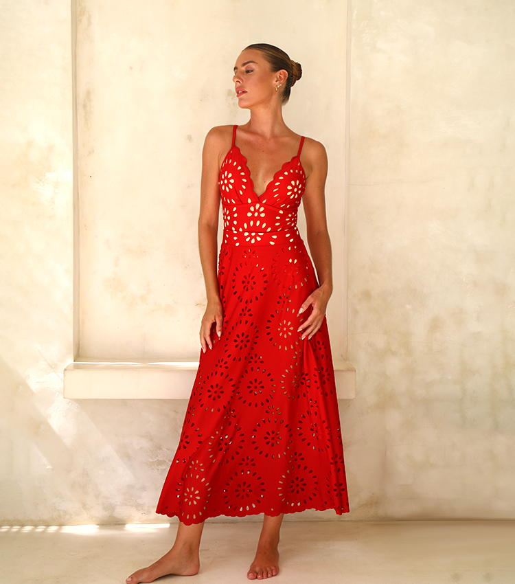 Women's Floral Hollow-Out One-Piece Swimsuit & Long Skirt Set V-Neck Beach Vacation Pool Party Summer Resort – Red - Lolly 