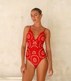Women's Floral Hollow-Out One-Piece Swimsuit & Long Skirt Set V-Neck Beach Vacation Pool Party Summer Resort – Red - Lolly 