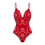 Women's Floral Hollow-Out One-Piece Swimsuit & Long Skirt Set V-Neck Beach Vacation Pool Party Summer Resort – Red - Lolly 