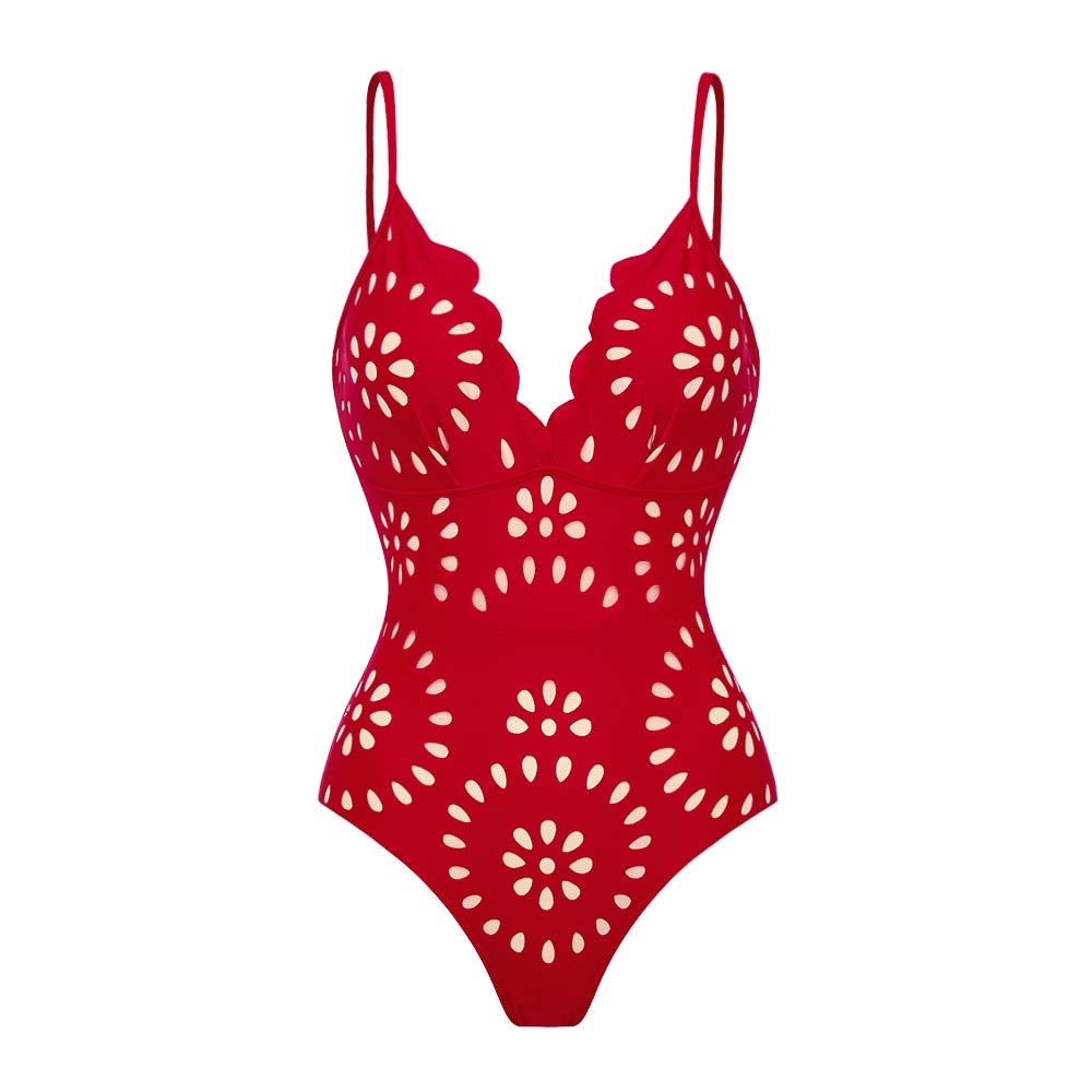 Women's Floral Hollow-Out One-Piece Swimsuit & Long Skirt Set V-Neck Beach Vacation Pool Party Summer Resort – Red - Lolly 