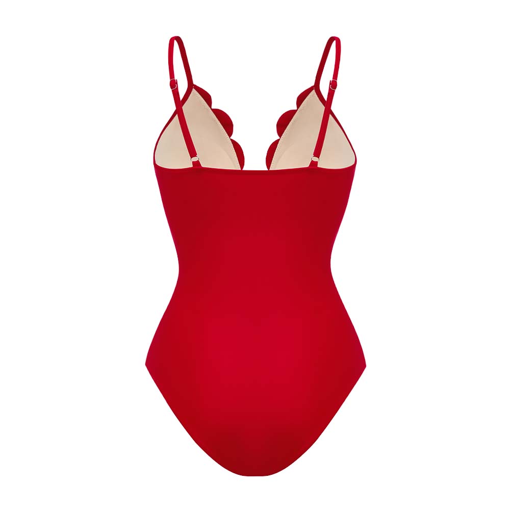 Women's Floral Hollow-Out One-Piece Swimsuit & Long Skirt Set V-Neck Beach Vacation Pool Party Summer Resort – Red - Lolly 