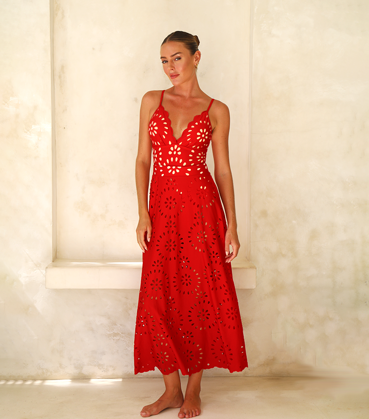 Women's Floral Hollow-Out One-Piece Swimsuit & Long Skirt Set V-Neck Beach Vacation Pool Party Summer Resort – Red - Lolly 