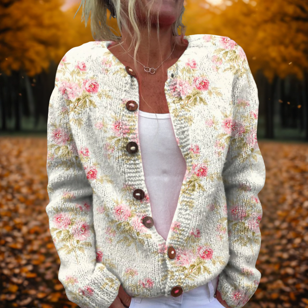 Women's Floral Knit Cardigan Button-Front Open Layer Fall Sweater - Lolly 