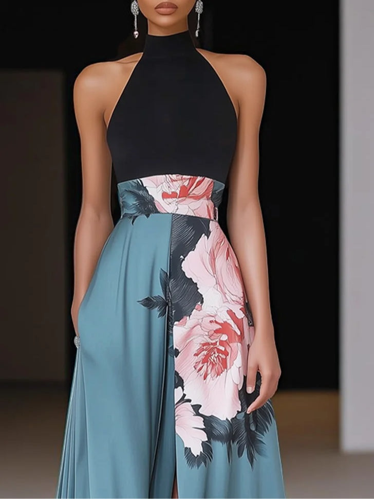 Women's Floral Long Dress Black Halter Sleeveless A-Line Side Slit Wedding Guest Formal – Janelle - Lolly 