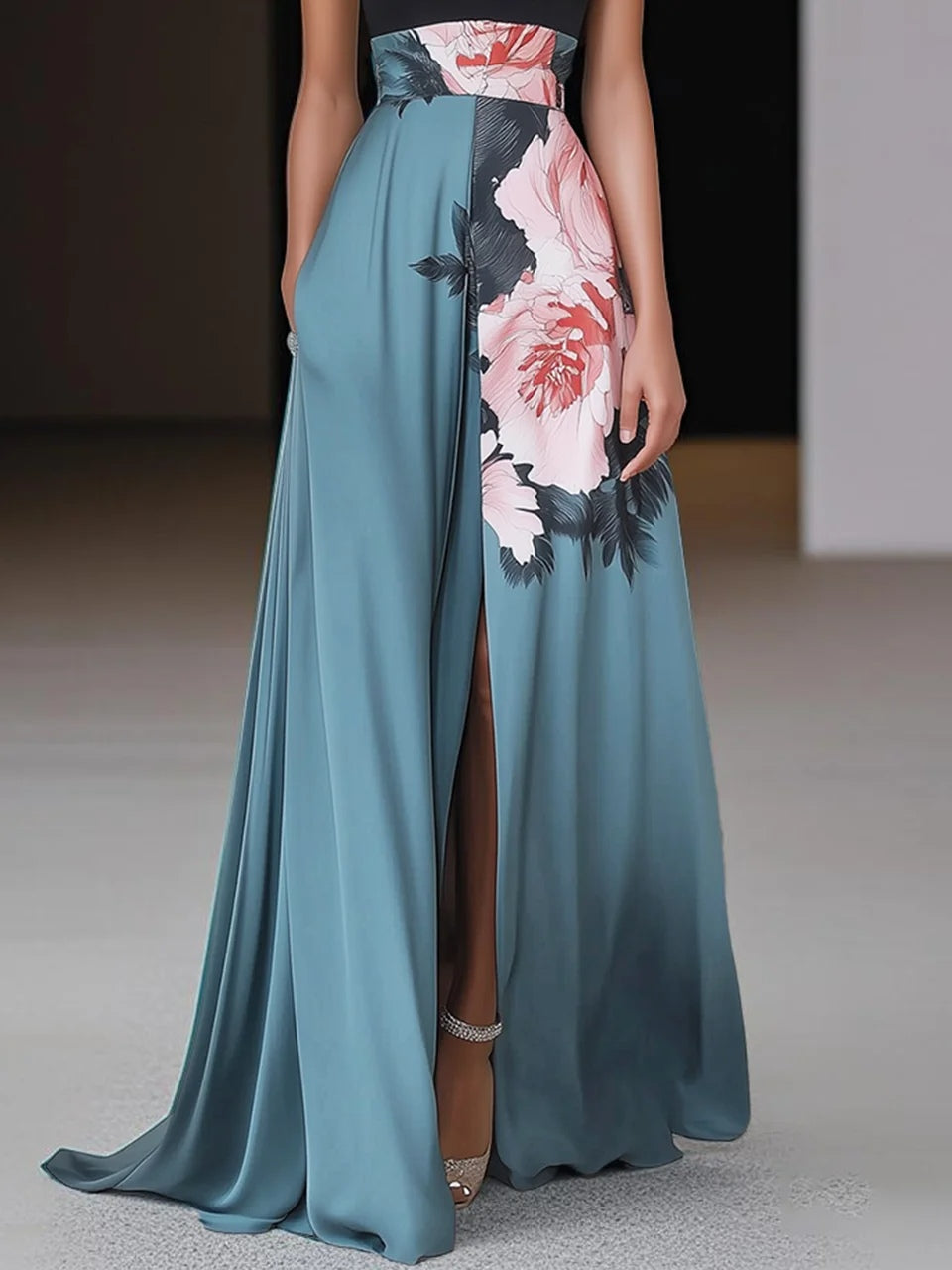 Women's Floral Long Dress Black Halter Sleeveless A-Line Side Slit Wedding Guest Formal – Janelle - Lolly 