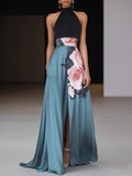 Women's Floral Long Dress Black Halter Sleeveless A-Line Side Slit Wedding Guest Formal – Janelle - Lolly 