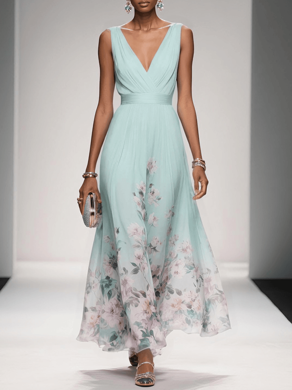 Women's Floral Long Wedding Guest Dress Fluid Feminine Romantic Elegant Ceremony Gown - Lolly 