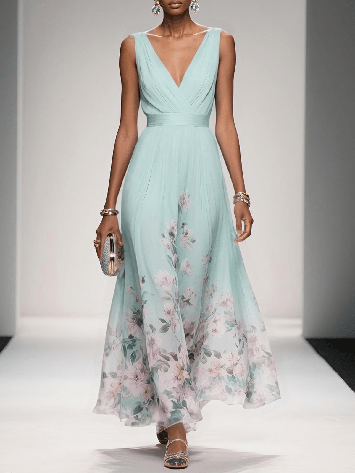 Women's Floral Long Wedding Guest Dress Fluid Feminine Romantic Elegant Ceremony Gown - Lolly 