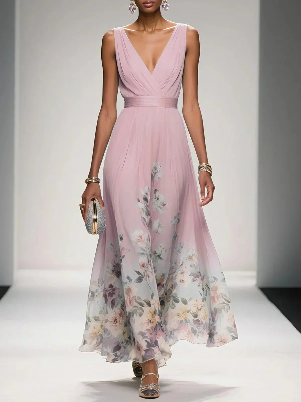 Women's Floral Long Wedding Guest Dress Fluid Feminine Romantic Elegant Ceremony Gown - Lolly 