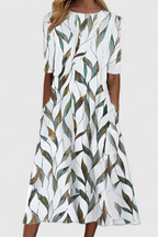 Women's Floral Midi Dress Round Neck Short Sleeve A-Line Summer Casual Pocket Dress - Lolly 