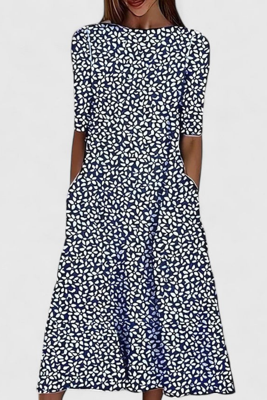 Women's Floral Midi Dress Round Neck Short Sleeve A-Line Summer Casual Pocket Dress - Lolly 