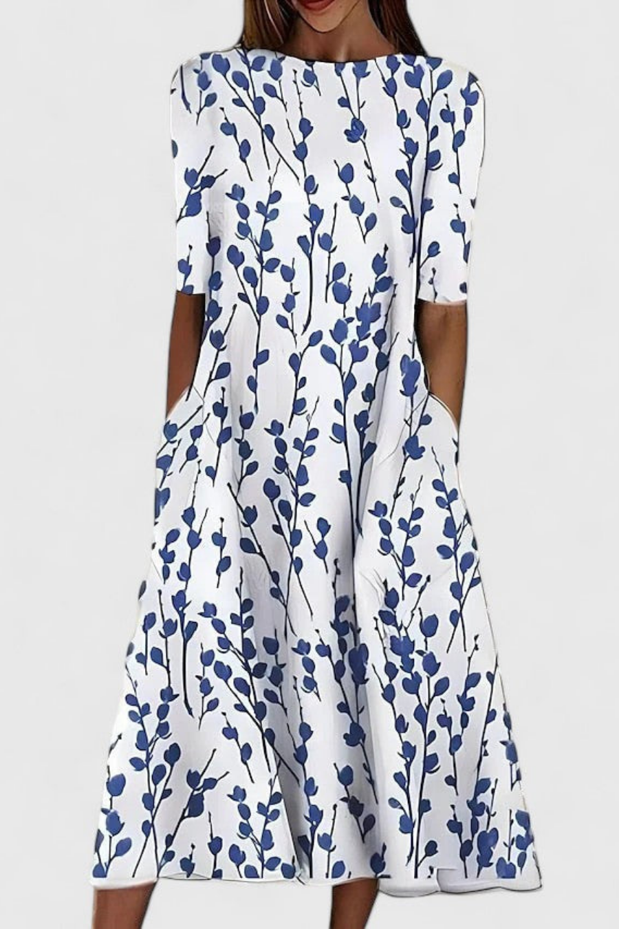 Women's Floral Midi Dress Round Neck Short Sleeve A-Line Summer Casual – Lolly