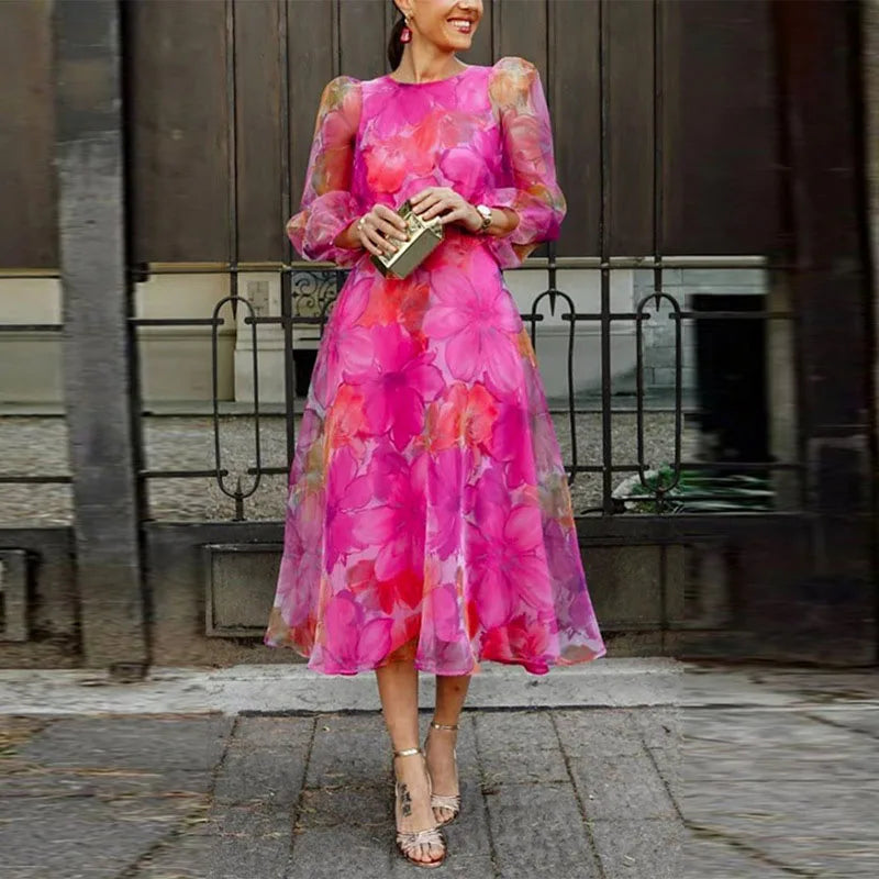 Women's Floral Midi Wedding Guest Dress Long Sheer Sleeves Fluid Romantic Elegant Formal - Lolly 