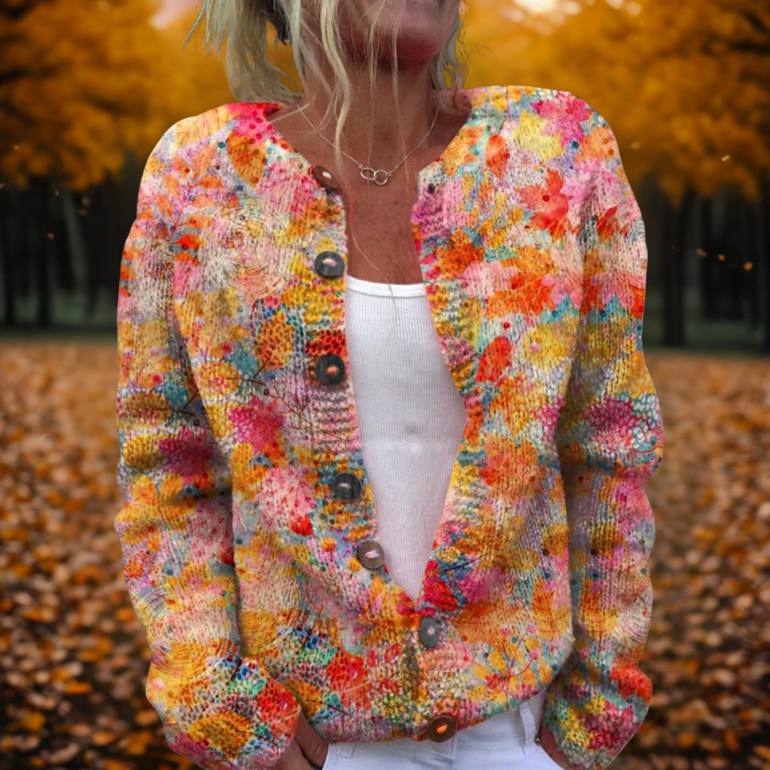 Women's Floral Print Cardigan Open Front Button Knit Fall Layering Sweater - Lolly 
