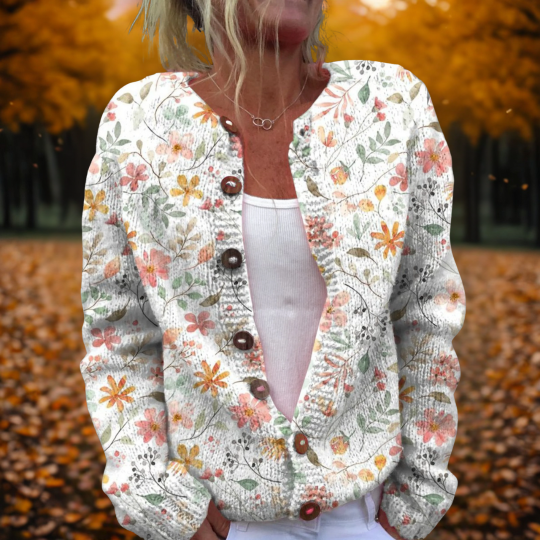 Women's Floral Print Cardigan Open Front Button Knit Sweater Casual Fall Layering - Lolly 