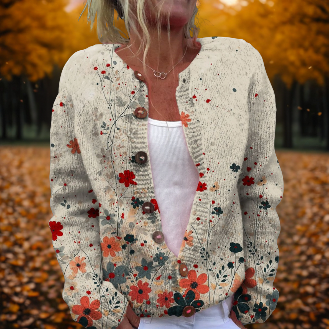 Women's Floral Print Knit Cardigan Open Front Button Casual Fall Sweater - Lolly 