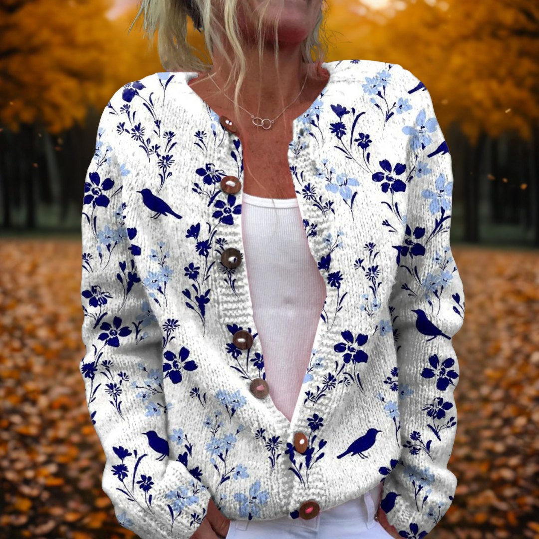 Women's Floral Print Knit Cardigan Open Front Button Long Sleeve Casual Fall - Lolly 