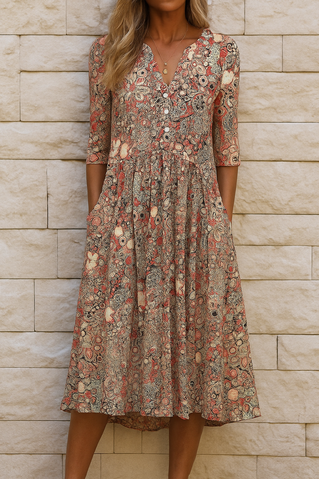 Women's Floral Print V-Neck Midi Dress Short Sleeve Flowing Relaxed Fit Casual Summer Garden Everyday Brunch – Harlow - Lolly 