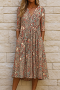 Women's Floral Print V-Neck Midi Dress Short Sleeve Flowing Relaxed Fit Casual Summer Garden Everyday Brunch – Harlow - Lolly 