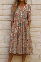 Women's Floral Print V-Neck Midi Dress Short Sleeve Flowing Relaxed Fit Casual Summer Garden Everyday Brunch – Harlow - Lolly 