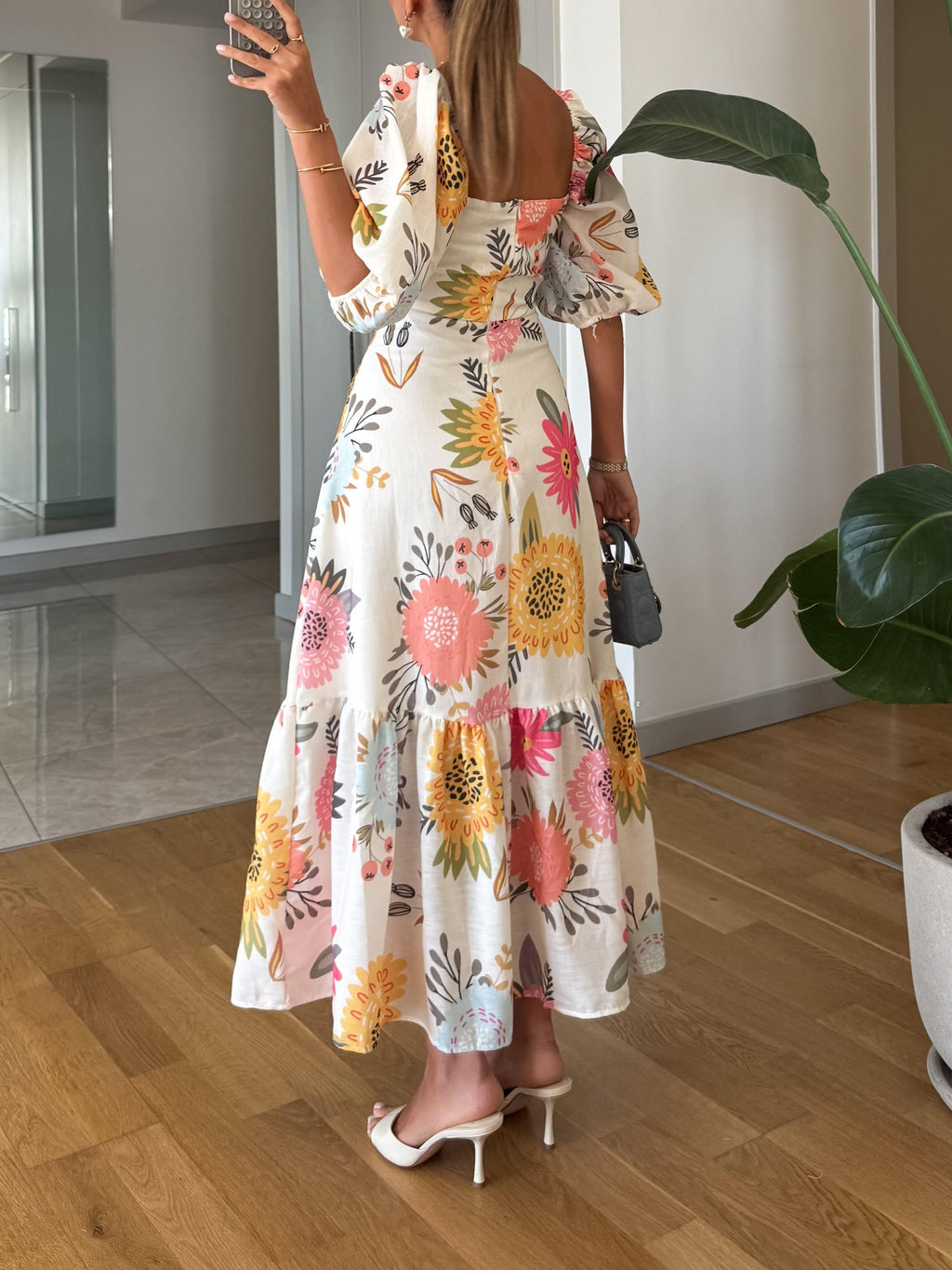 Women's Floral Puff Sleeve Midi Dress Square Neckline Fitted Bodice Tiered Skirt Casual Summer Garden Party Brunch – Camille - Lolly 