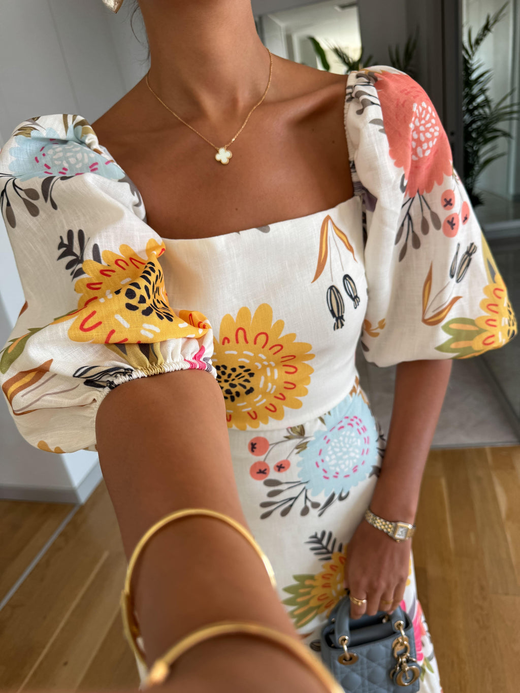 Women's Floral Puff Sleeve Midi Dress Square Neckline Fitted Bodice Tiered Skirt Casual Summer Garden Party Brunch – Camille - Lolly 