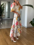 Women's Floral Puff Sleeve Midi Dress Square Neckline Fitted Bodice Tiered Skirt Casual Summer Garden Party Brunch – Camille - Lolly 