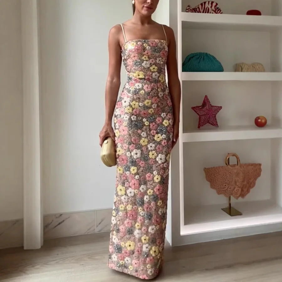 Women's Floral Sequin Strapless Slim Fit Long Dress Sleeveless Bodycon Evening Formal Cocktail Party Date Night Wedding Guest – Aurelia - Lolly 
