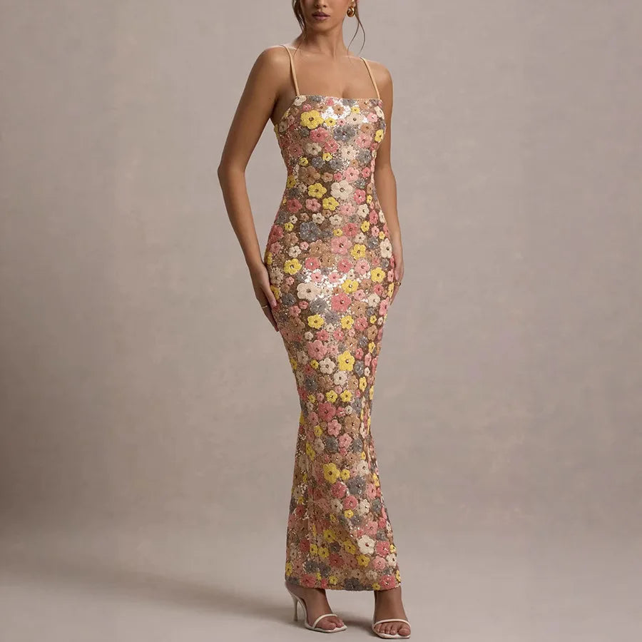 Women's Floral Sequin Strapless Slim Fit Long Dress Sleeveless Bodycon Evening Formal Cocktail Party Date Night Wedding Guest – Aurelia - Lolly 