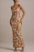 Women's Floral Sequin Strapless Slim Fit Long Dress Sleeveless Bodycon Evening Formal Cocktail Party Date Night Wedding Guest – Aurelia - Lolly 