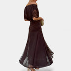 Women's Flowing Floral Long Dress Off-Shoulder V-Neck Formal Elegant Wedding Guest Casual – Lilly - Lolly 