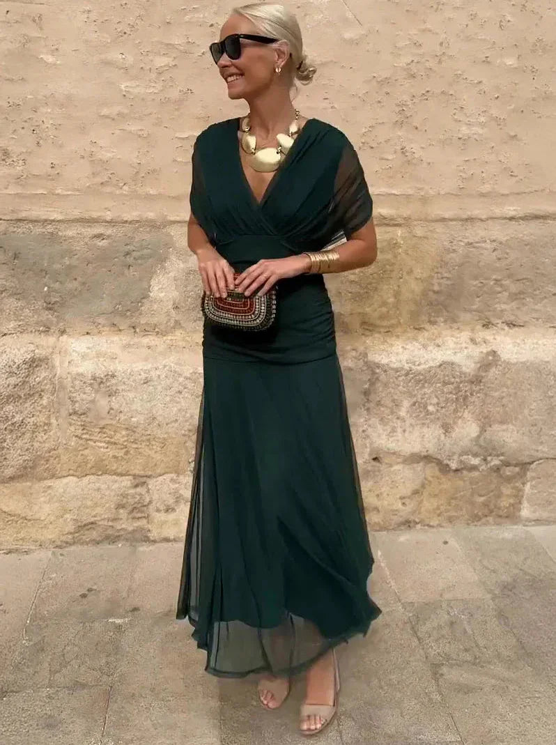 Women's Flowing Floral Long Dress Off-Shoulder V-Neck Formal Elegant Wedding Guest Casual – Lilly - Lolly 