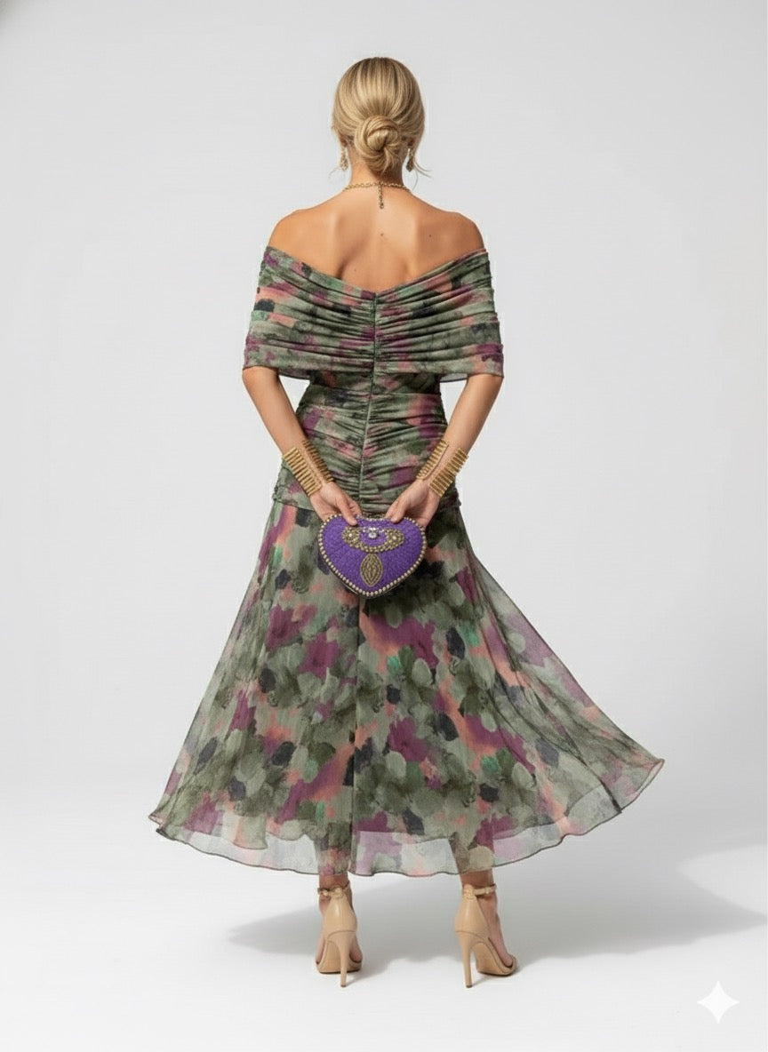 Women's Flowing Floral Long Dress Off-Shoulder V-Neck Formal Elegant W – Lolly