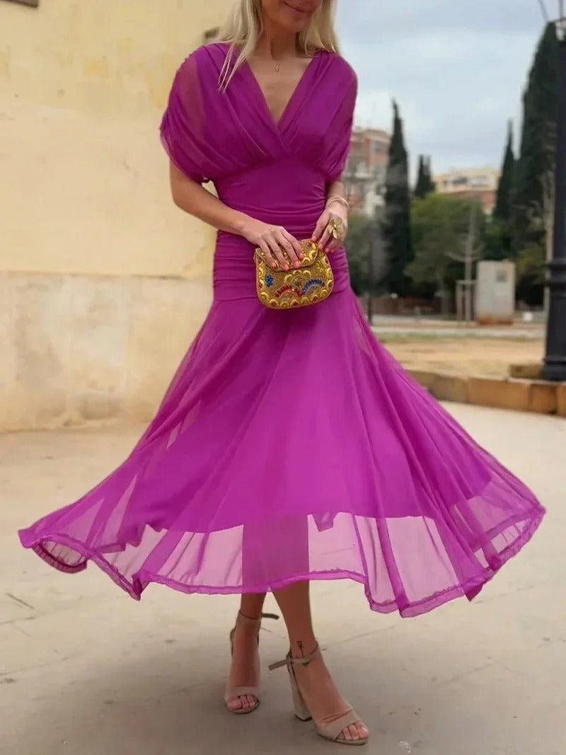 Women's Flowing Floral Long Dress Off-Shoulder V-Neck Formal Elegant Wedding Guest Casual – Lilly - Lolly 