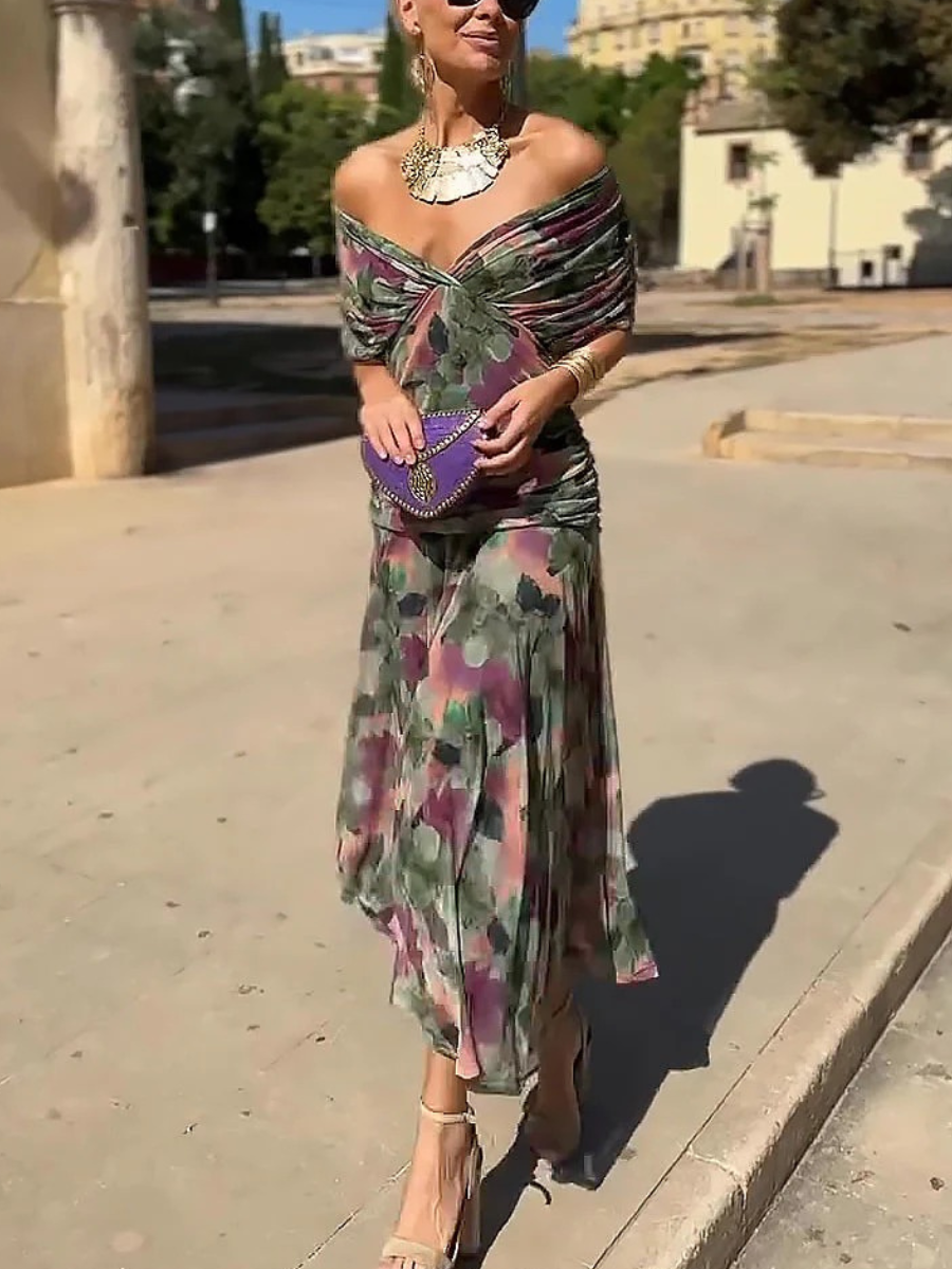 Women's Flowing Floral Long Dress Off-Shoulder V-Neck Formal Elegant Wedding Guest Casual – Lilly - Lolly 