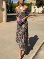 Women's Flowing Floral Long Dress Off-Shoulder V-Neck Formal Elegant Wedding Guest Casual – Lilly - Lolly 