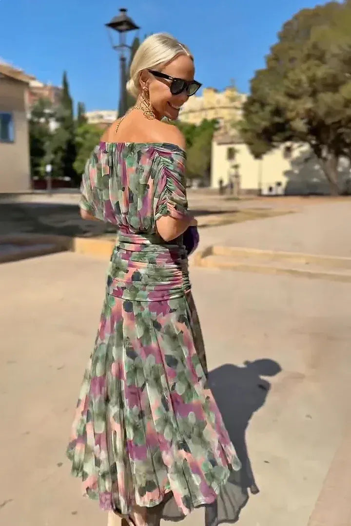 Women's Flowing Floral Long Dress Off-Shoulder V-Neck Formal Elegant Wedding Guest Casual – Lilly - Lolly 