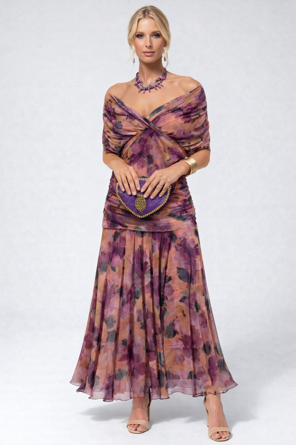 Women's Flowing Floral Long Dress Off-Shoulder V-Neck Formal Elegant W – Lolly