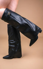 Women's Fold Over Knee High Boots Buckle Detail Night Out Cowboy Style - Lolly 