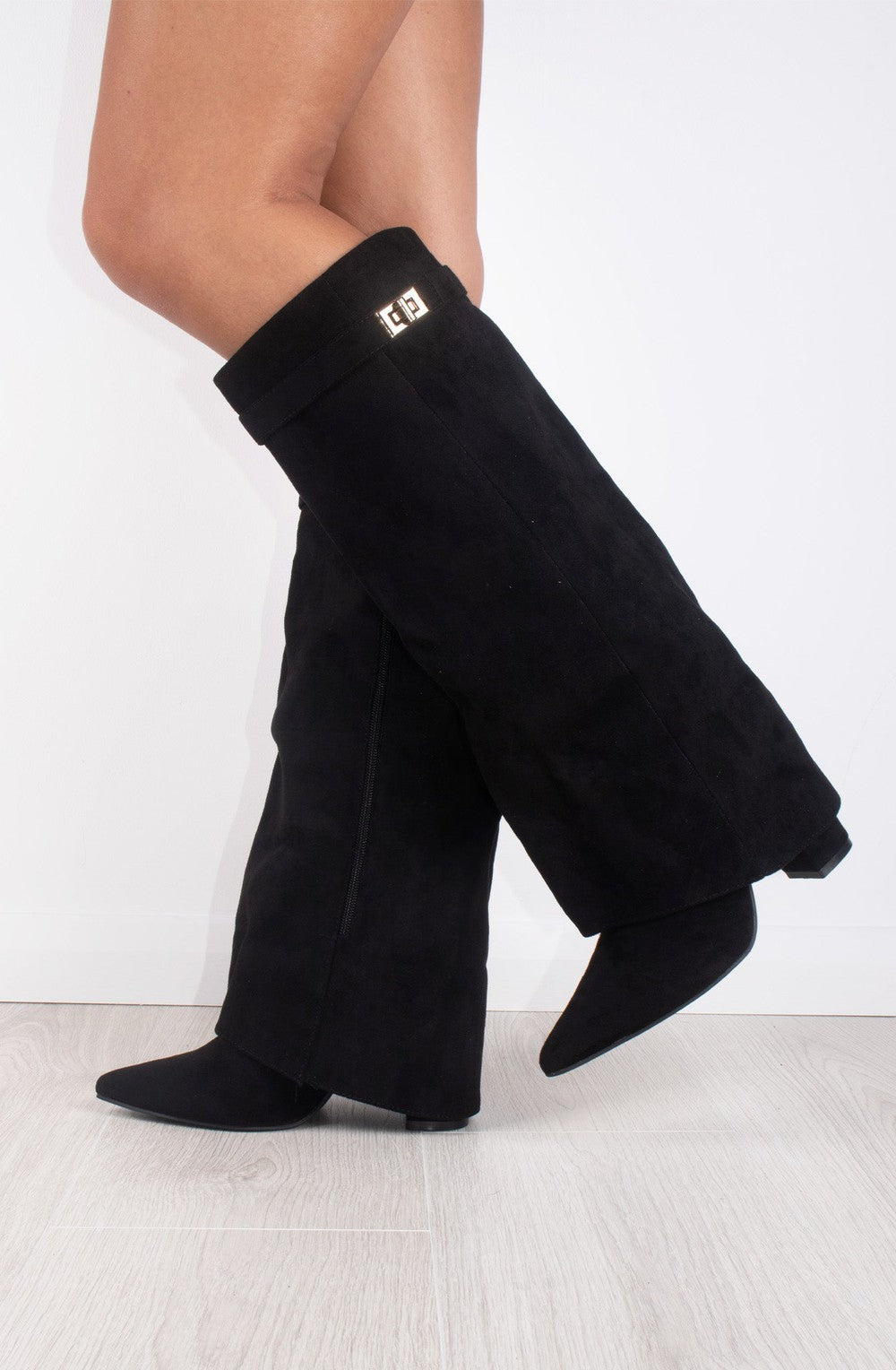Women's Fold-Over Knee High Boots Faux Suede Buckle Night Out Going Out - Lolly 