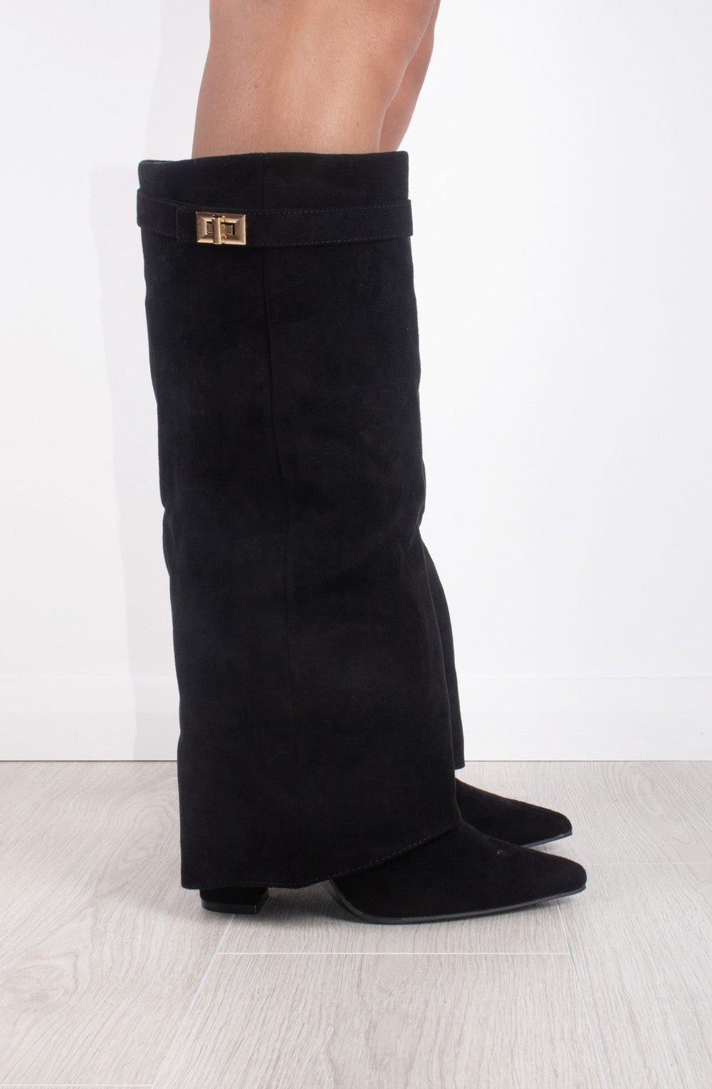 Women's Fold-Over Knee High Boots Faux Suede Buckle Night Out Going Out - Lolly 