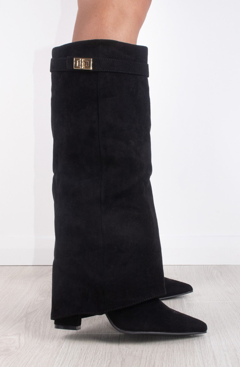 Women's Fold-Over Knee High Boots Faux Suede Buckle Night Out Going Out - Lolly 
