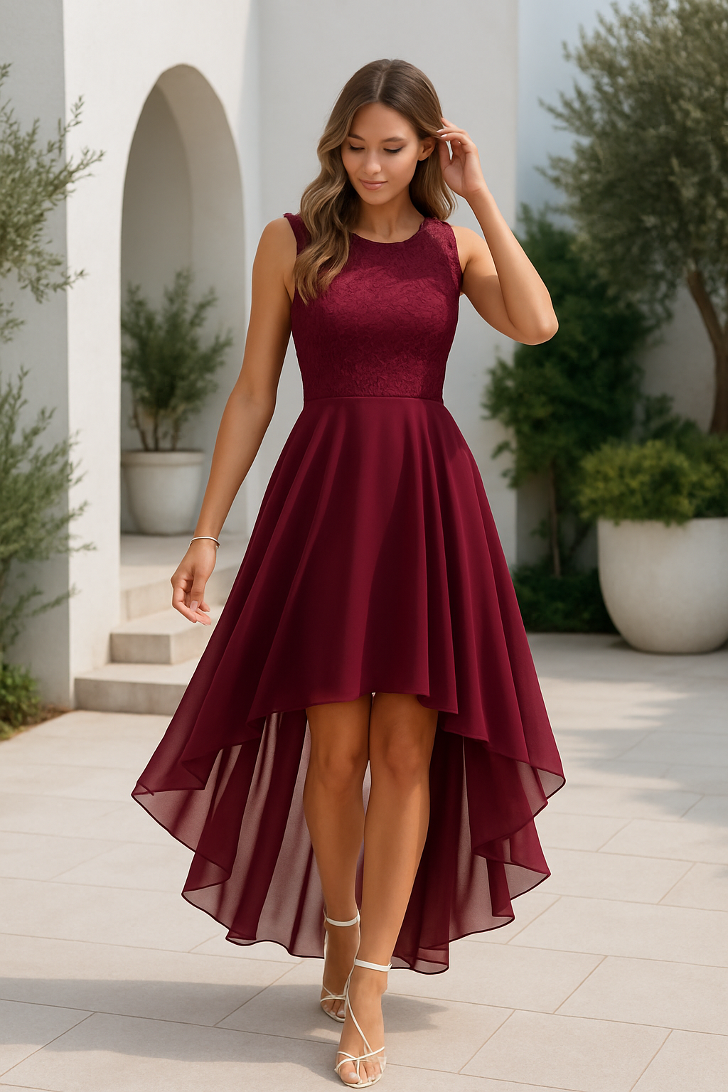 Women's Formal Dress Hi-Low Midi Wedding Guest Sleeveless Fluid Elegant Party Gown - Lolly 
