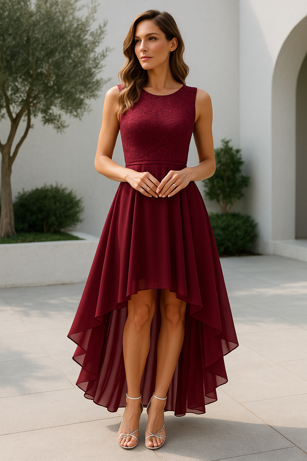 Women's Formal Dress Hi-Low Midi Wedding Guest Sleeveless Fluid Elegant Party Gown - Lolly 