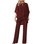 Women's Formal Festive Chiffon Pantsuit Elegant Wide-Leg Flowing Top & Pants Party Event Set - Lolly 