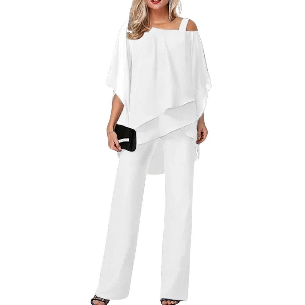 Women's Formal Festive Chiffon Pantsuit Elegant Wide-Leg Flowing Top & Pants Party Event Set - Lolly 